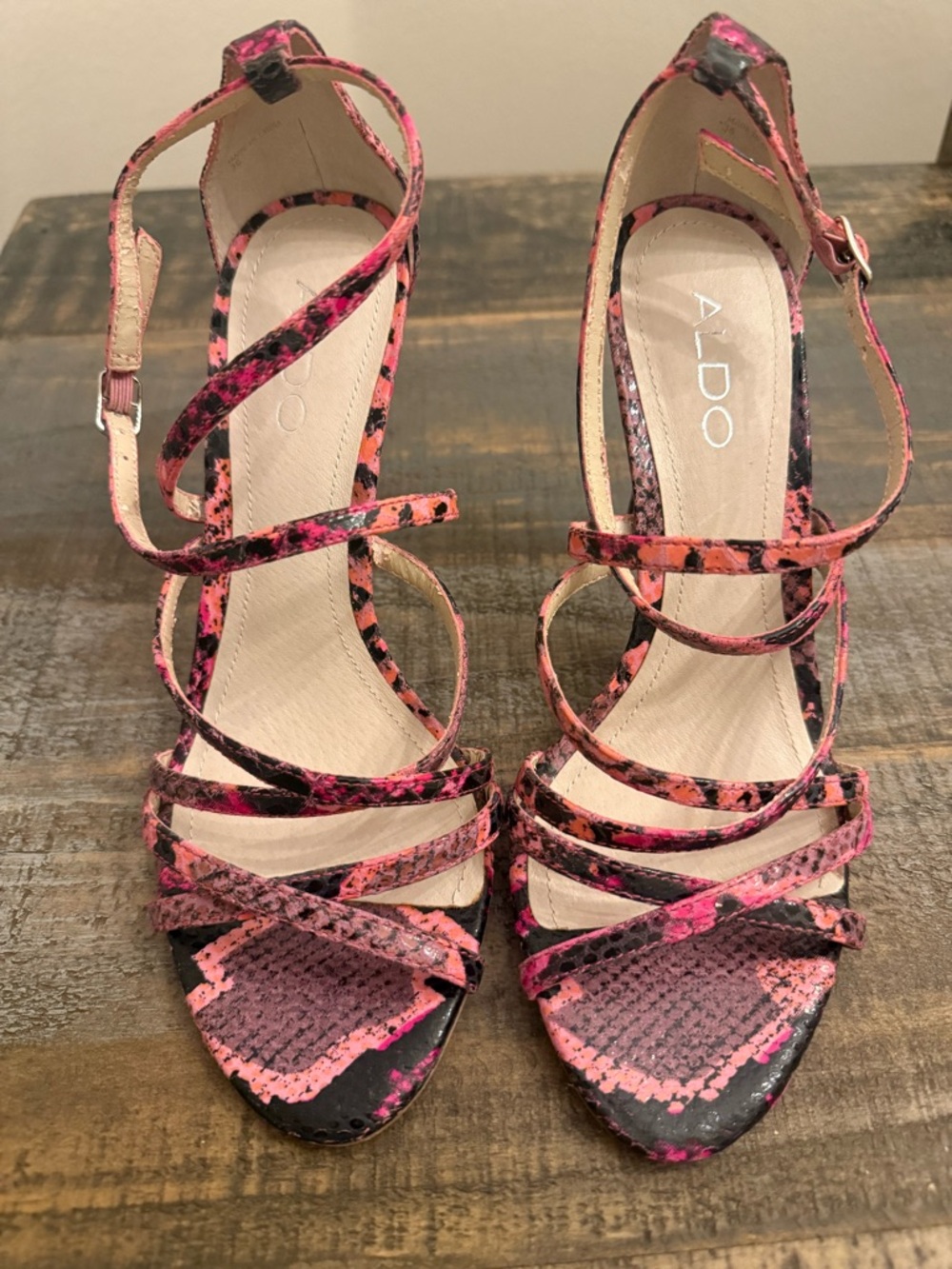 Aldo Finona Pink Python Strappy Sandals.